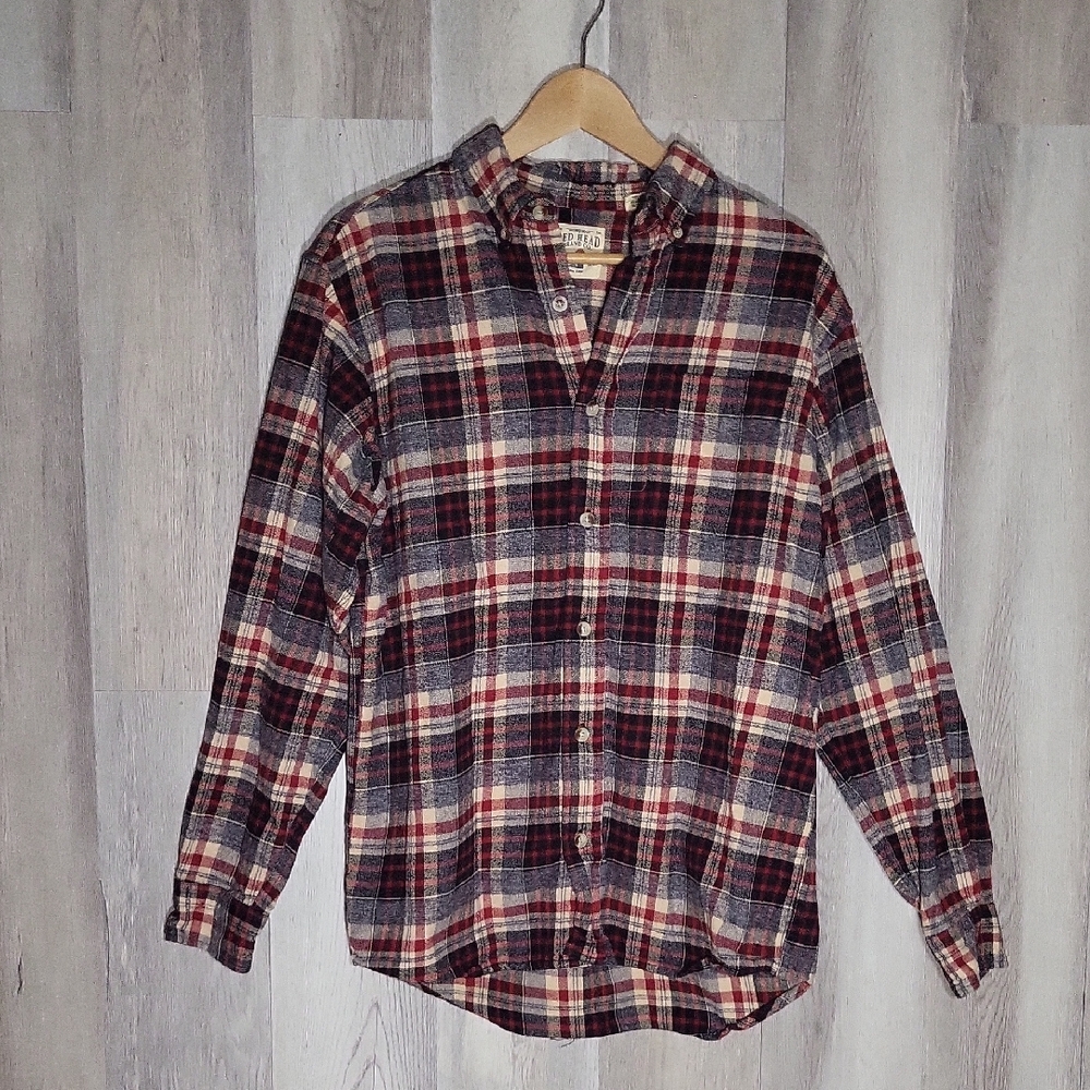 Red Head Mens Medium Flannel Button Down Red Plaid Long Sleeve Cotton Casual